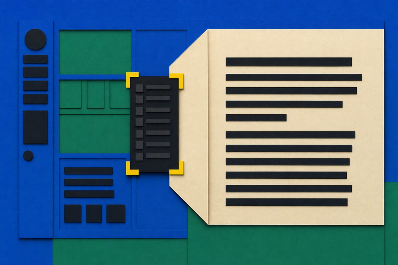Abstract workspace panels with a small selected list unfolding into a broad, readable page while neighboring panels remain visible.